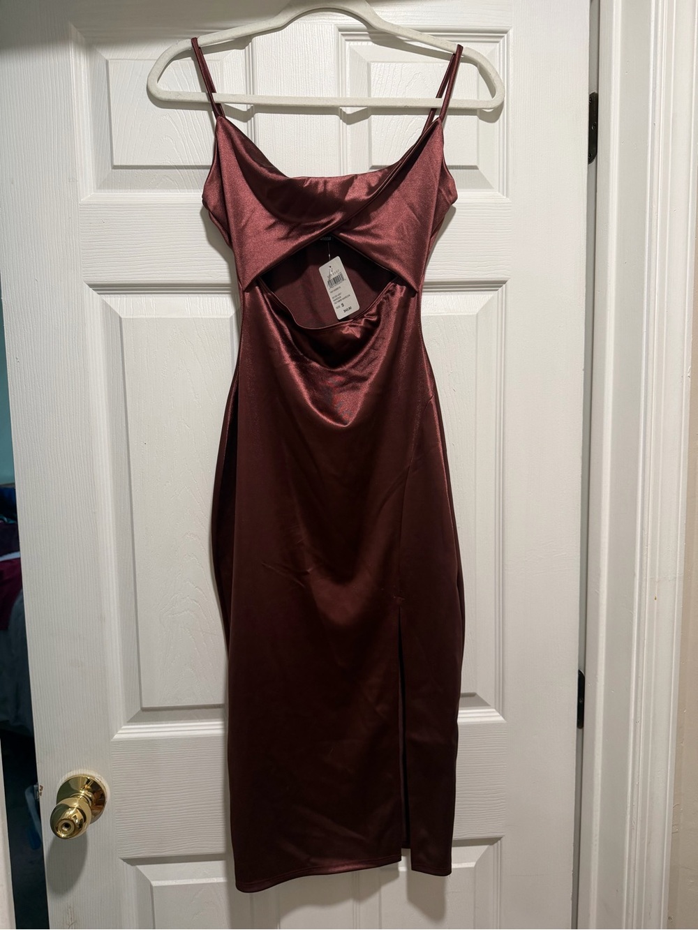 Windsor Maroon Satin Cutout Midi bodycon Dress with slit - small